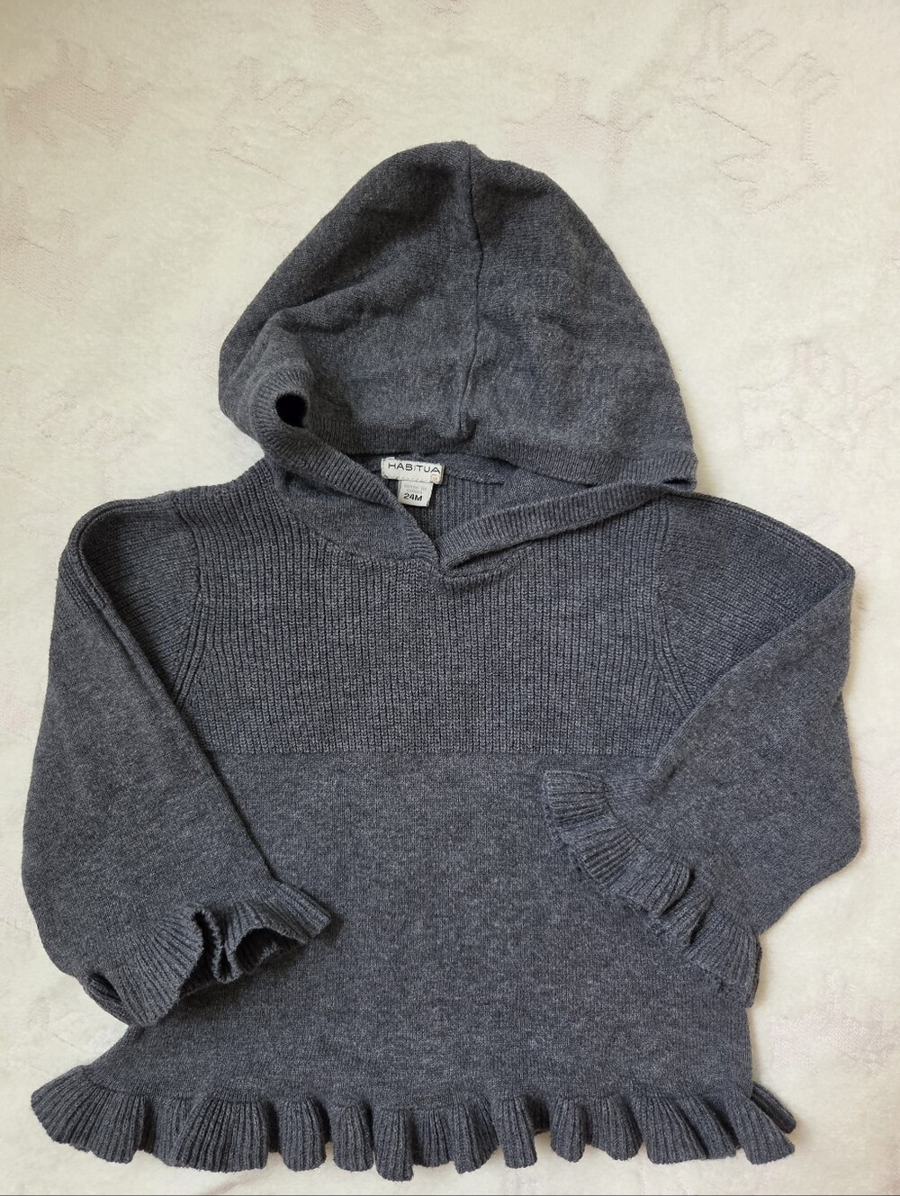 HABITUAL Girls Charcoal Hooded Ruffle-Trim Knit Sweater 24M